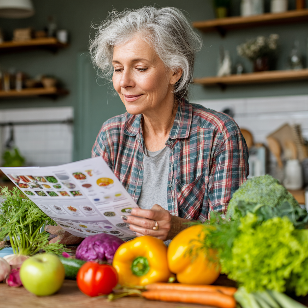 Middle-aged nutritionist reviewing personalized meal plans with fresh vegetables and dietary charts